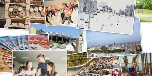 Collage verschiedener TU-Motive, z.B. Hochschulsport, Skyline von Dortmund, Mathe Helpdesk