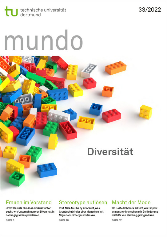 Cover der mundo 33 mit dem Titel "Diversität" und einem Titelbild von vielen bunten Legosteinen, die auf einem weißen Untergrund liegen.