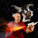 A man holds a rocket in his hand while in the background another person in a spacesuit floats through space