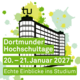 Die Grafik zeigt das Gebäude des Mathetowers der TU Dortmund auf unterschiedlich grünen und großen Farbklecksen. In der Mitte ist das Logo der Dortmunder Hochschultage sowie das Datum zu lesen.