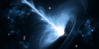 Black hole In the center of a black background, a blue-white round light source can be seen, from which an equally blue-white beam emanates. Around the light source are individual bright dots.