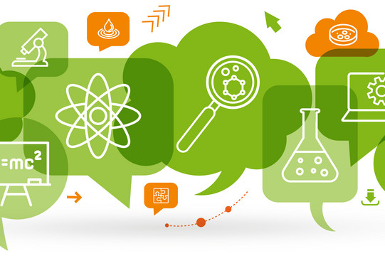 Grafik mit verschiedenen grüne Sprach- und Denkblasen, in denen wissenschaftliche Symbole abgebildet sind 