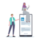 Die Illustration zeigt zwei Frauen, eine sitzt auf einem überdimensionierten Handy, auf dessen Bildschirm die LinkedIn App geöffnet ist. Die andere Frau steht links daneben und zeigt auf das Logo.