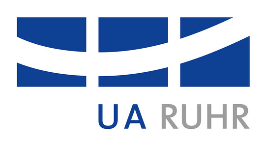 UA Ruhr Logo drei dunkelblaue Streifen, die durch einen weißen gebogenen Streifen verbunden sind