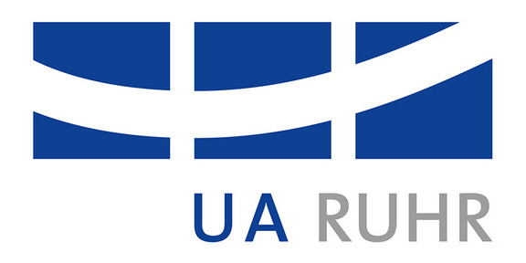 UA Ruhr Logo drei dunkelblaue Streifen, die durch einen weißen gebogenen Streifen verbunden sind