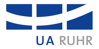 UA Ruhr Logo drei dunkelblaue Streifen, die durch einen weißen gebogenen Streifen verbunden sind
