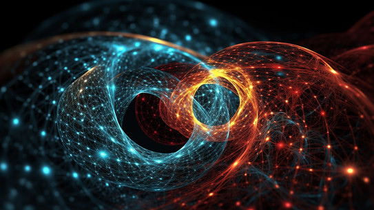 AI-generated representation of an infinite knot in a web of light particles, with glowing paths in warm orange and cool blue tones that emphasize complex, interwoven structures in a dark space.