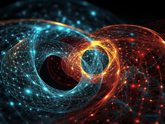 KI-generierte Darstellung eines unendlichen Knotens in einem Netz aus Lichtpartikeln, wobei die leuchtenden Bahnen in warmen Orange- und kühlen Blautönen gehalten sind, die komplexe, miteinander verwobene Strukturen in einem dunklen Raum hervorheben.