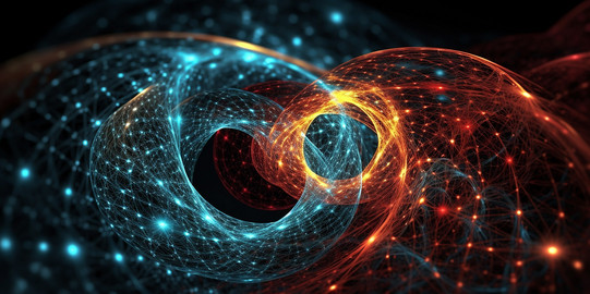 AI-generated representation of an infinite knot in a web of light particles, with glowing paths in warm orange and cool blue tones that emphasize complex, interwoven structures in a dark space.