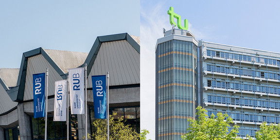 Collage von zwei Gebäuden. Links ein Gebäude der Ruhr-Universität-Bochum, rechts der Mathetower der TU Dortmund