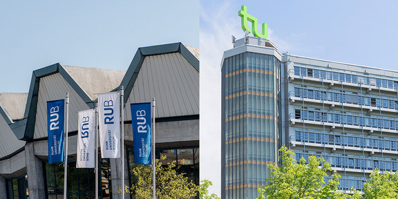 Collage von zwei Gebäuden. Links ein Gebäude der Ruhr-Universität-Bochum, rechts der Mathetower der TU Dortmund