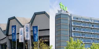 Collage von zwei Gebäuden. Links ein Gebäude der Ruhr-Universität-Bochum, rechts der Mathetower der TU Dortmund