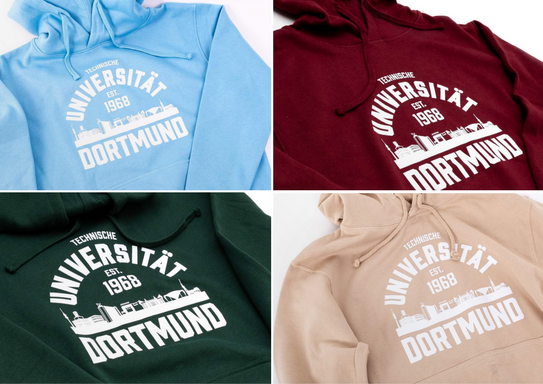Empfehlungsaktion Hoodies TU Dortmund Hoodies in Hellblau, Bordeauxrot, Drunkelgrün und Beige.