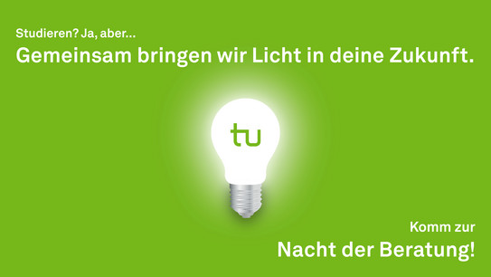 Ein grüner Hintergrund auf dem eine Glühbirne mit dem TU Logo abgebildet ist. 