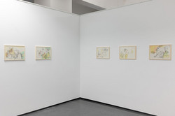 Fünf Bilder/Kunstwerke hängen an einer weißen Wand.