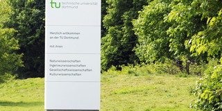 Ein großes weißes Schild mit dem TU-Logo und dem Schriftzug "Herzlich Willkommen an der TU Dortmund" steht auf einer Wiese mit Bäumen im Hintergrund.