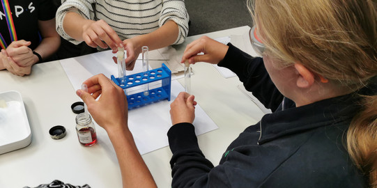 Vier Schüler*innen sitzen am Tisch und arbeiten mit Flüssigkeiten und Reagenzgläsern.