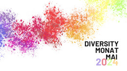 Mai Bunte Farbspritzer auf einem weißen Hintergrund. Daneben steht: Diversity Monat Mai 2024.