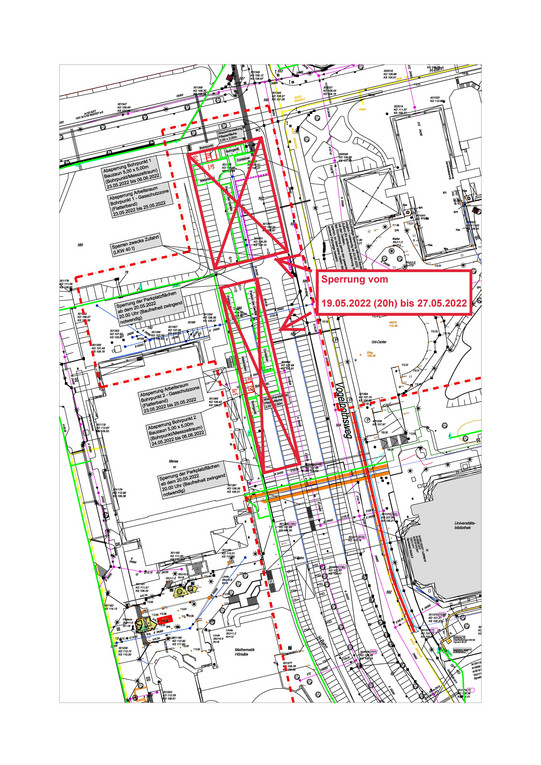 Ein Lageplan vom Parkplatz am Vogelpothsweg am Campus Nord, auf dem die gesperrten Flächen markiert sind.