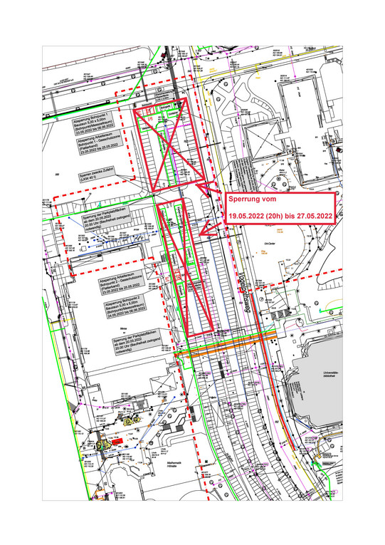 Sperrung der Parkflächen Ein Lageplan vom Parkplatz am Vogelpothsweg am Campus Nord, auf dem die gesperrten Flächen markiert sind.