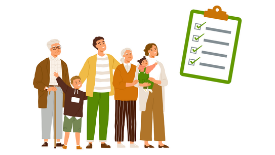 Multigenerational family of six people of different ages standing next to a green checklist on a clipboard.