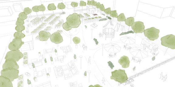 Students Re-Inventing Cities A green-white sketch of a city quarter.