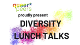 Text 'queer peers proudly present DIVERSITY LUNCH TALKS' vor buntem Farbverlauf