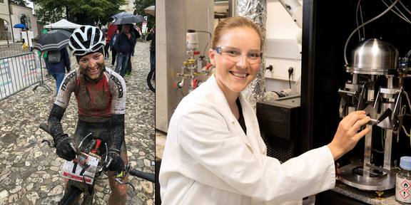 Linkes Bild: Steffi Dorn nach einer Zieleinfahr auf dem Mountainbike, rechtes Bild: Steffi Dorn an einer Apparatur im Labor