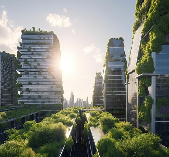 Four greened skyscrapers with glass facades and the greened roofs of lower buildings in front of a skyline.