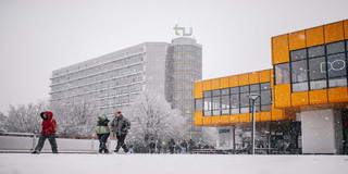 Photo: Math Tower and Main Cafeteria in the snow.