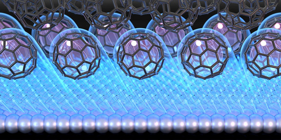 Graphic: A graphic in shades of blue and gray shows molecules (C₆₀) excited by ultrashort laser pulses on a cobalt surface.