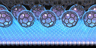 Graphic: A graphic in shades of blue and gray shows molecules (C₆₀) excited by ultrashort laser pulses on a cobalt surface.