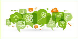 Graphic: Graphic icons from science, technology, and research are shown inside speech bubbles.