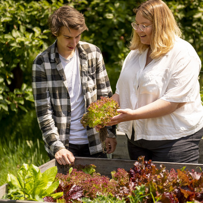 Two young people standing in front of a raised bed with lettuce and holding a picked head of lettuce in their hands