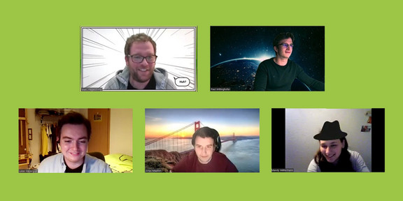 Screenshot of a video call with five participants