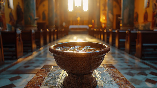 Auf dem Foto sieht man eine Kirche von innen. Im Fokus steht ein Taufbecken.