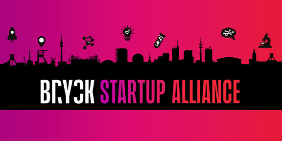 Grafik mit Skyline der UA Ruhr-Städte, aus denen Wissenschafts-Symole aufsteigen, Schriftzug "BRYCK Startip Alliance"