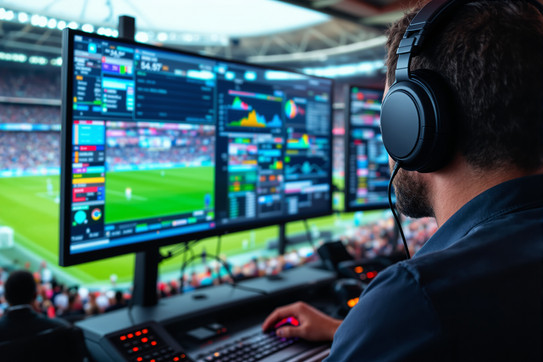 Sports data analyst monitoring live game statistics on a large screen in a stadium
