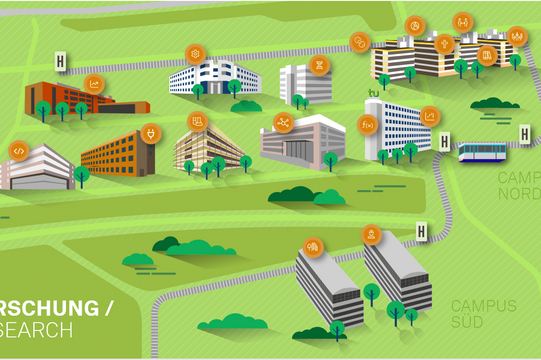 A graphic representation of the TU Dortmund University campus and its research landscape.