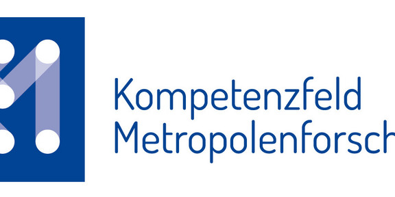 Logo Kompetenzfeld Metropolenforschung Logo: weiße Punkte auf blauem Grund, die ein K und ein M formen, daneben Schriftzug
