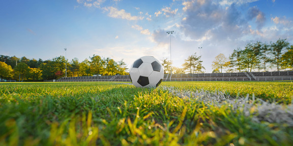 Foto: Ein Fußball liegt auf einem Fußballfeld. Hinter dem Ball scheint die Sonne hervor.