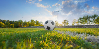 Foto: Ein Fußball liegt auf einem Fußballfeld. Hinter dem Ball scheint die Sonne hervor.