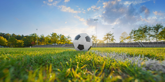 Foto: Ein Fußball liegt auf einem Fußballfeld. Hinter dem Ball scheint die Sonne hervor.