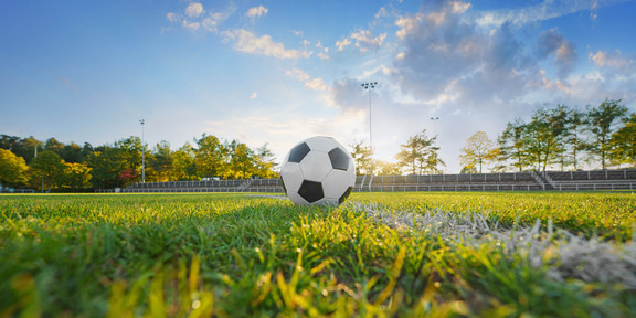 Foto: Ein Fußball liegt auf einem Fußballfeld. Hinter dem Ball scheint die Sonne hervor.