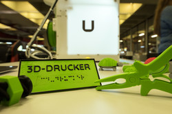Auf einem Tisch liegen eine grüne Zange sowie eine künstliche Schildkröte mit grünem Panzer. Daneben ist ein grünes Klappschild aufgestellt, auf dem in schwarzer Schrift 3D-Drucker sowie mehrere Punkte in Blindenschrift aufgeführt sind. Im Hintergrund wird ein schwarzes U auf eine Leinwand projeziert.