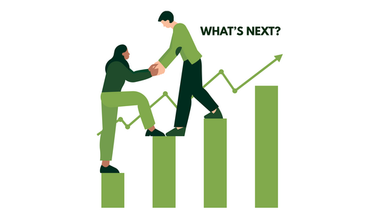 Two people on green bars of a chart, one helping the other climb up, with the text 'WHAT'S NEXT?' above.