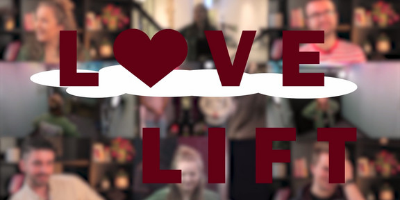 LoveLift Der Schriftzug "Love Lift" über einer Collage von Gesichtern