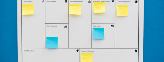 Business Modell Ein großes weißes Blatt Papier mit Post-its hängt an einer blauen Wand. Auf dem Blatt ist eine Tabelle mit verschiedenen Begriffen aus dem Unternehmensgründungsbereich