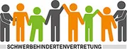Sieben stilisierte Figuren in Grau, Orange und Grün, einige mit erhobenen Armen, darunter der Text 'Schwerbehindertenvertretung'