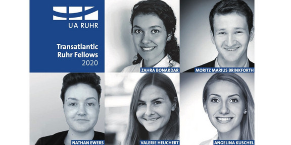 Transatlantic Ruhr Fellowship-Programm Zu sehen sind fünf Porträtbilder und ein Logo.